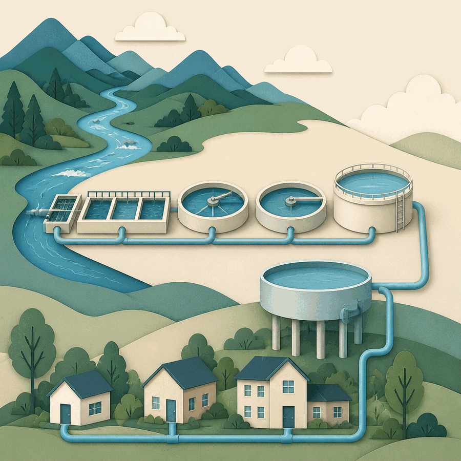 Ilustración del recorrido del agua desde un río de montaña por etapas de tratamiento hasta los hogares.