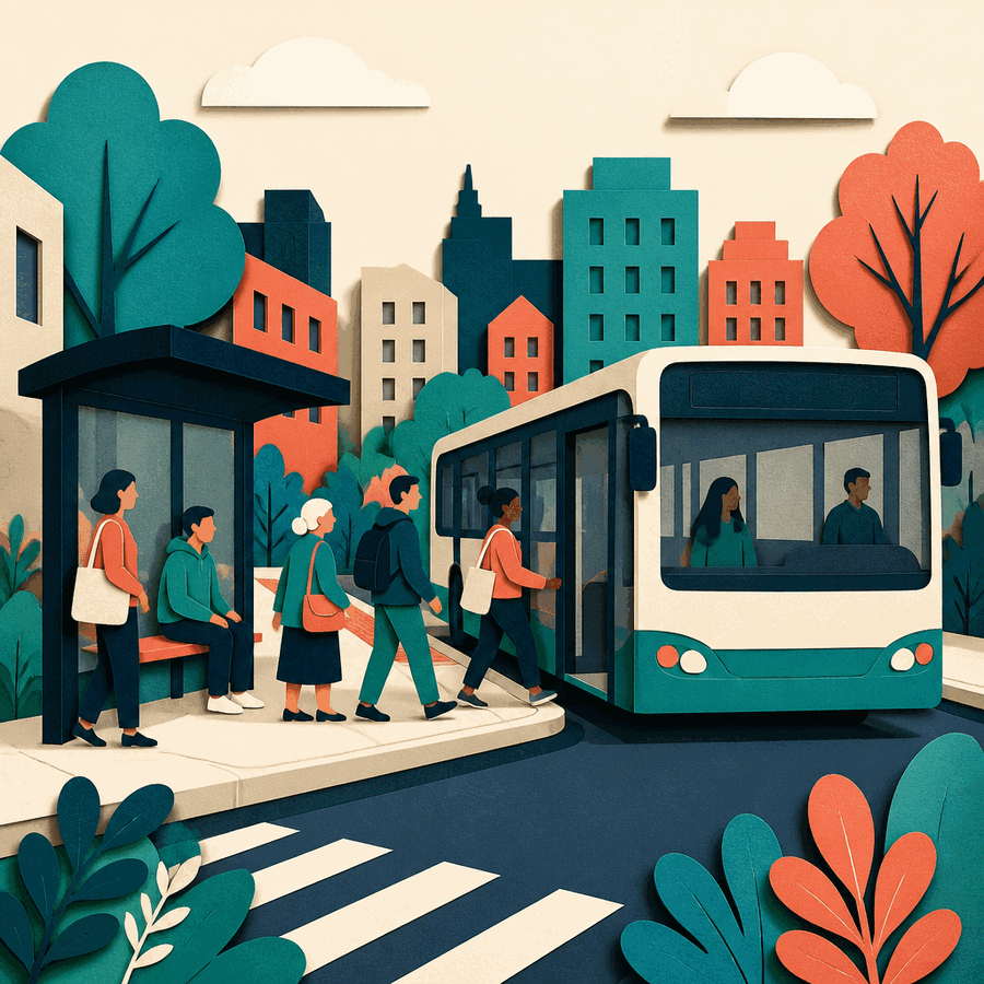 Ilustración de personas esperando y abordando un autobús colectivo en una parada urbana.