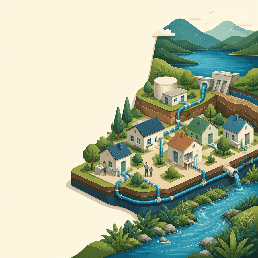 Ilustración panorámica de una comunidad conectada a una infraestructura de agua, con embalse, tuberías, viviendas y paisaje.